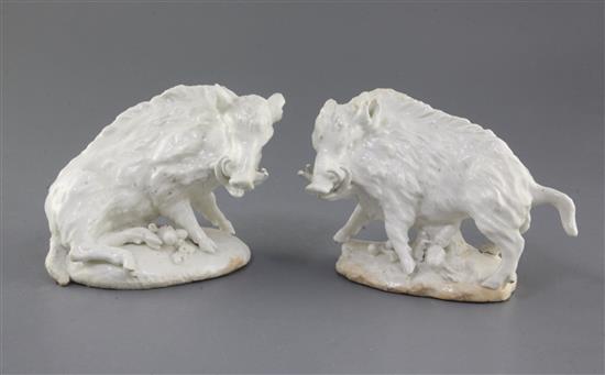 A rare pair of Derby dry-edge figures of wild boars, c.1750-5, l. 14.5cm and 16,.5cm, small areas of restoration